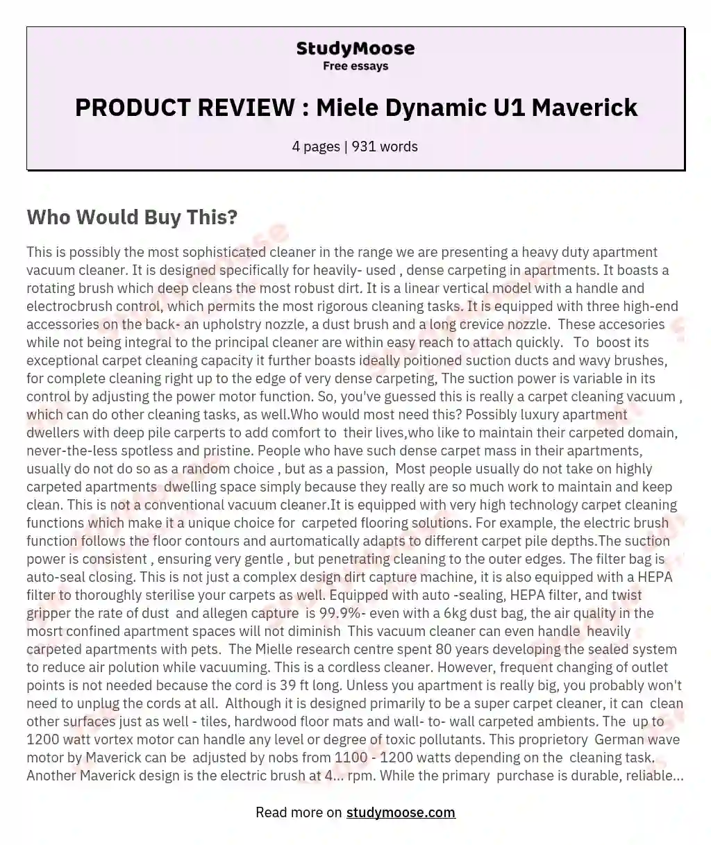 PRODUCT REVIEW : Miele Dynamic U1 Maverick essay