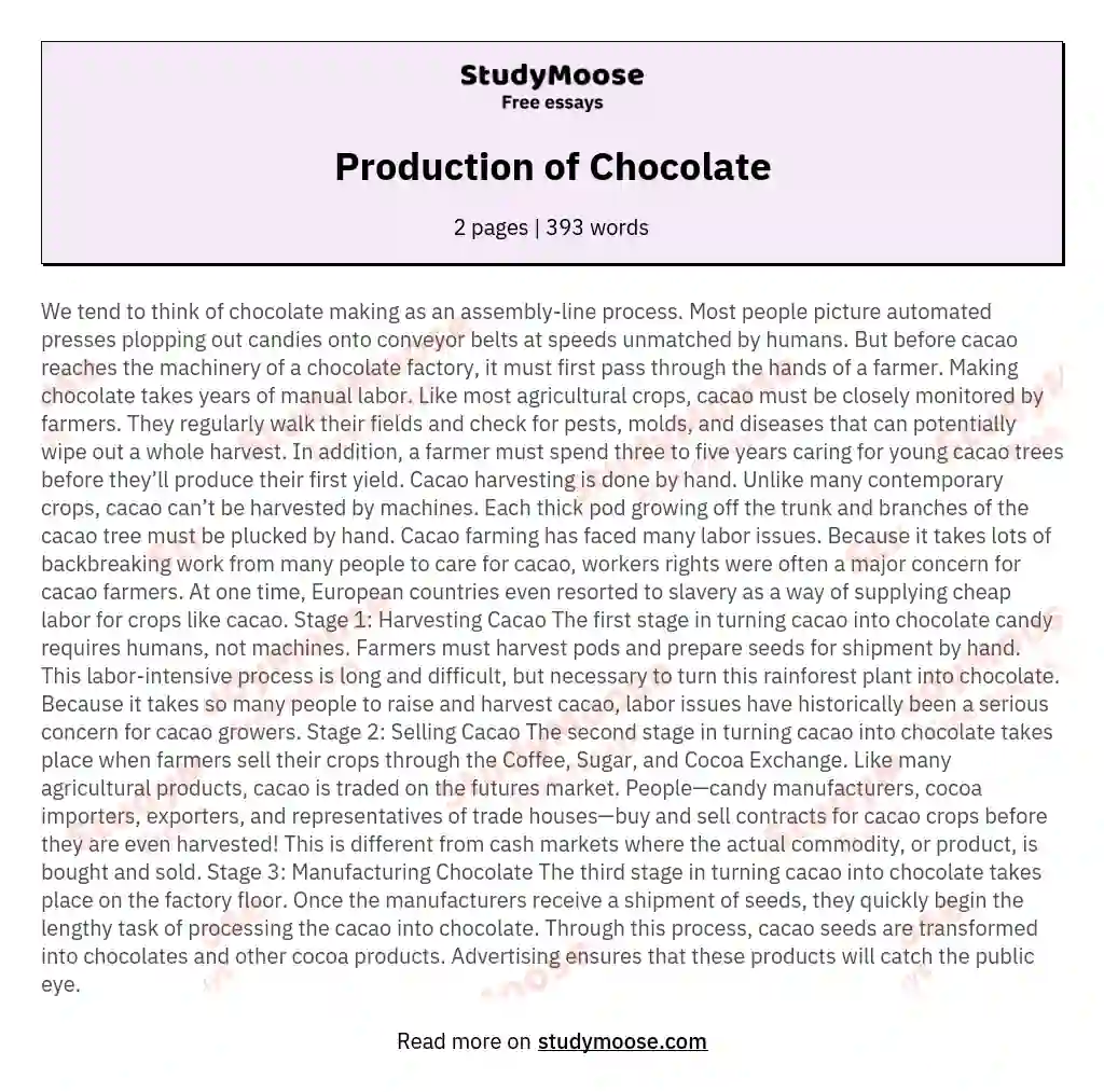 Production of Chocolate essay