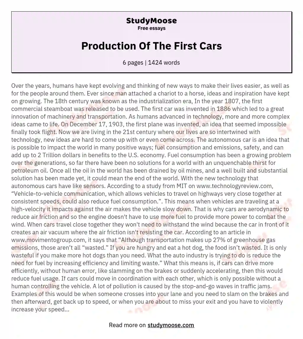 Production Of The First Cars essay