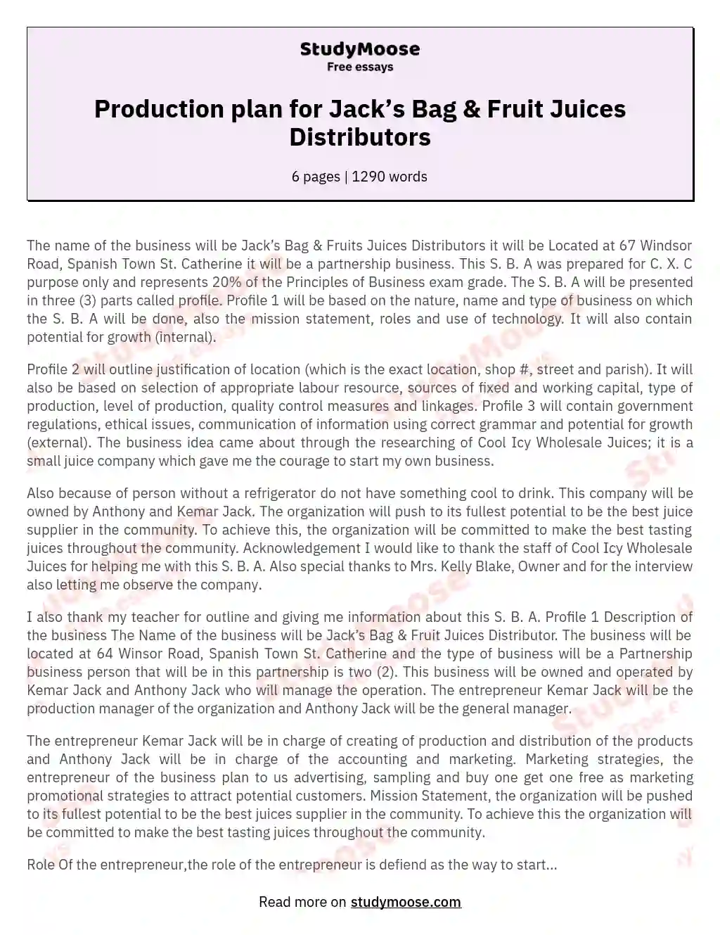 Production plan for Jack’s Bag &amp; Fruit Juices Distributors
