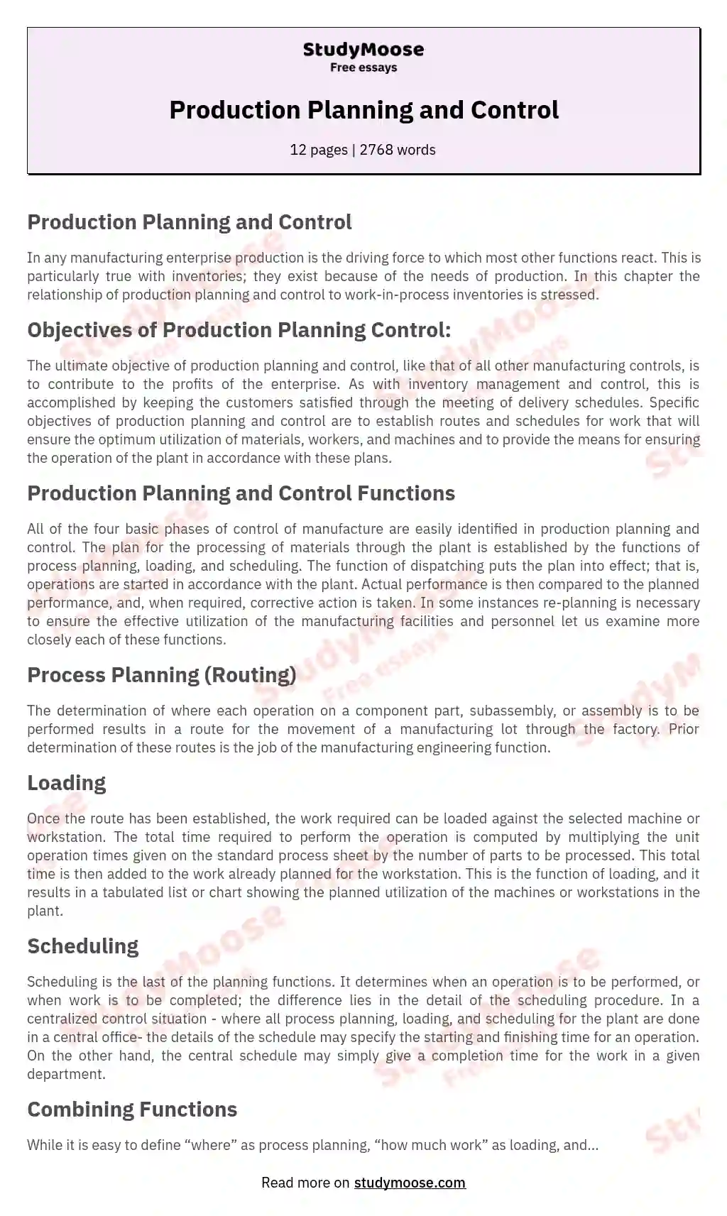 Production Planning and Control essay