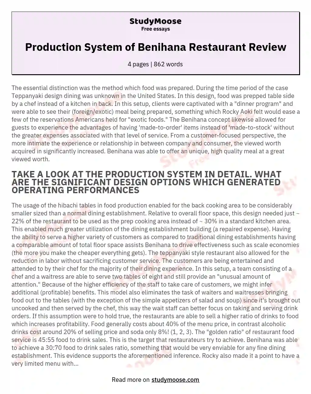 Production System of Benihana Restaurant Review essay
