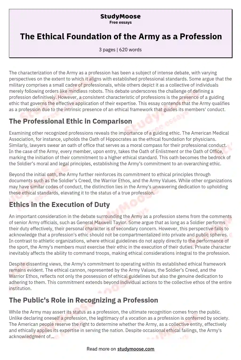The Ethical Foundation of the Army as a Profession essay