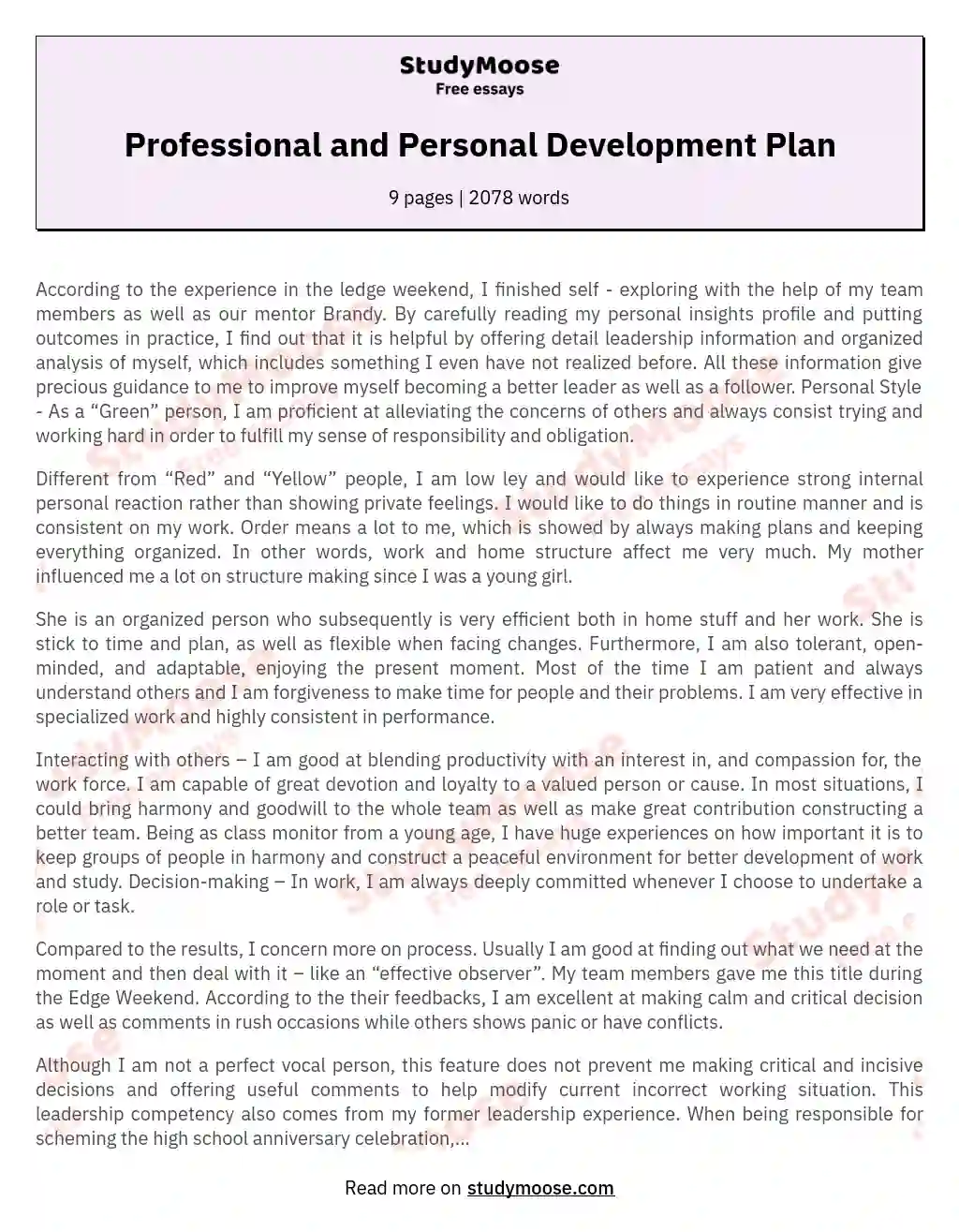 Professional and Personal Development Plan essay