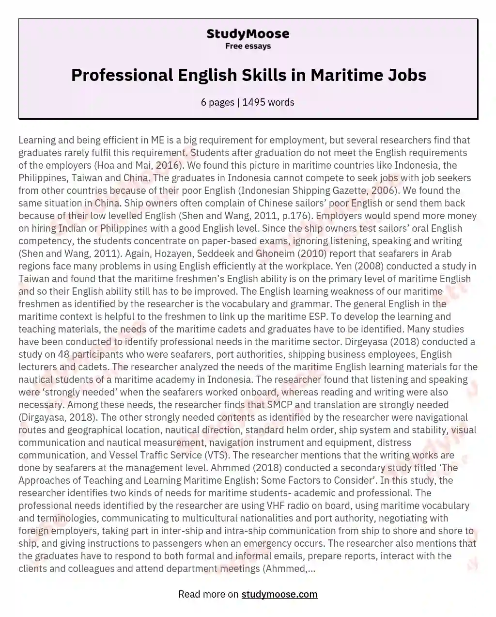 Professional English Skills in Maritime Jobs essay