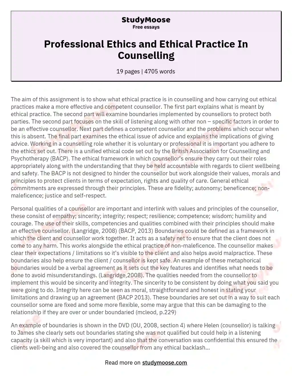 Professional Ethics and Ethical Practice In Counselling