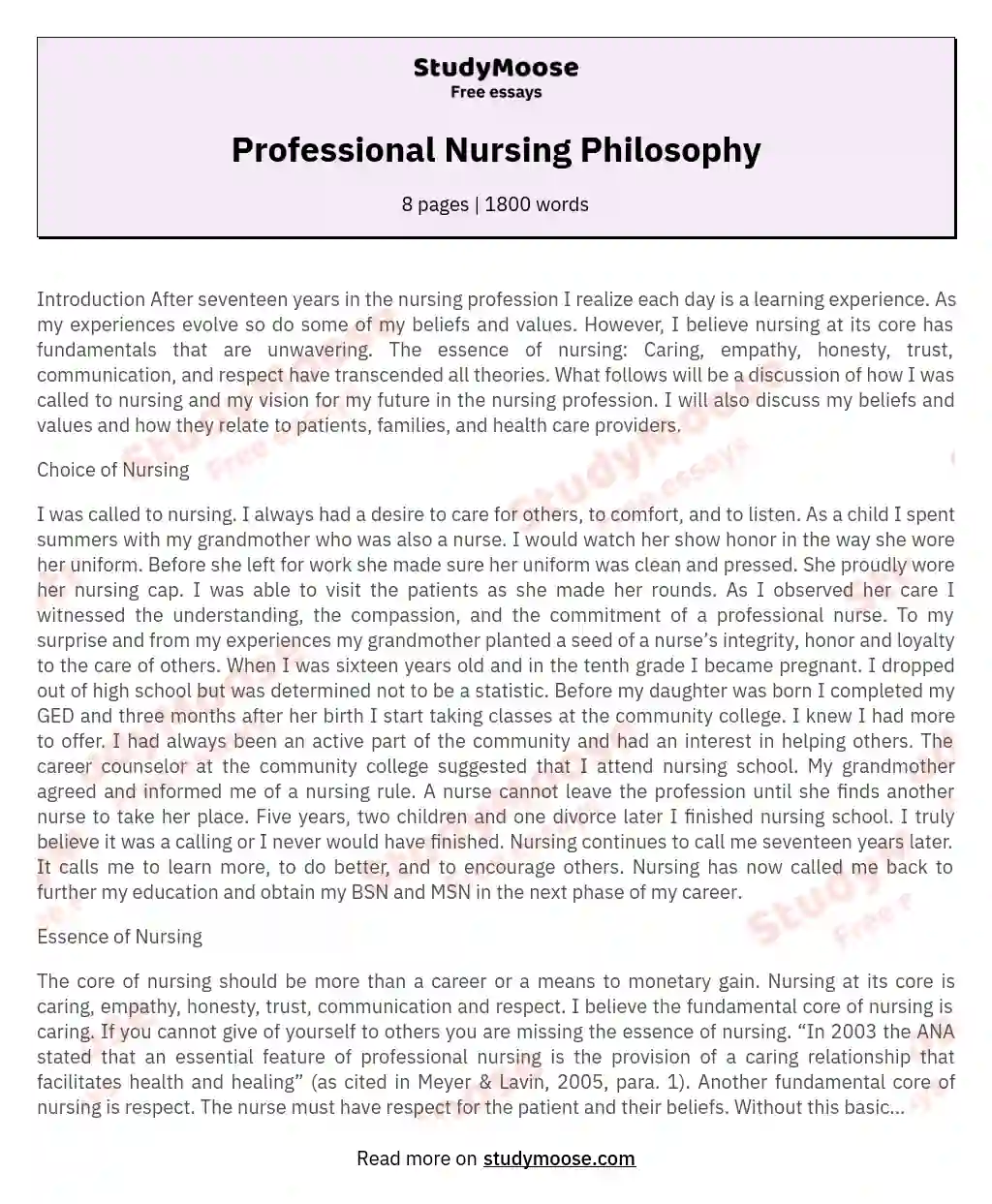 The Essence of Nursing: Caring, Values, and Future Vision essay