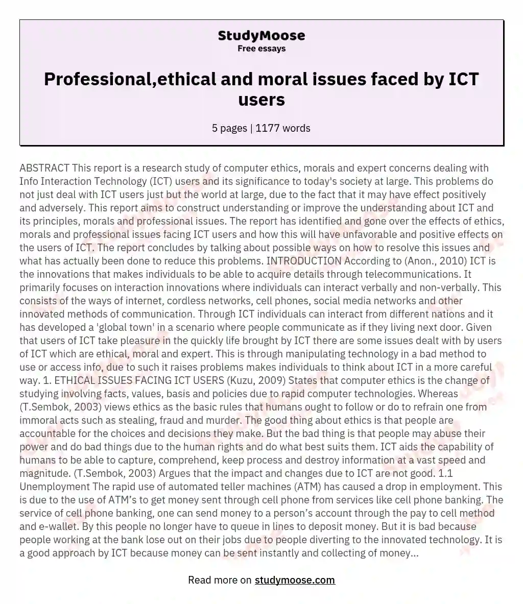 Professional,ethical and moral issues faced by ICT users