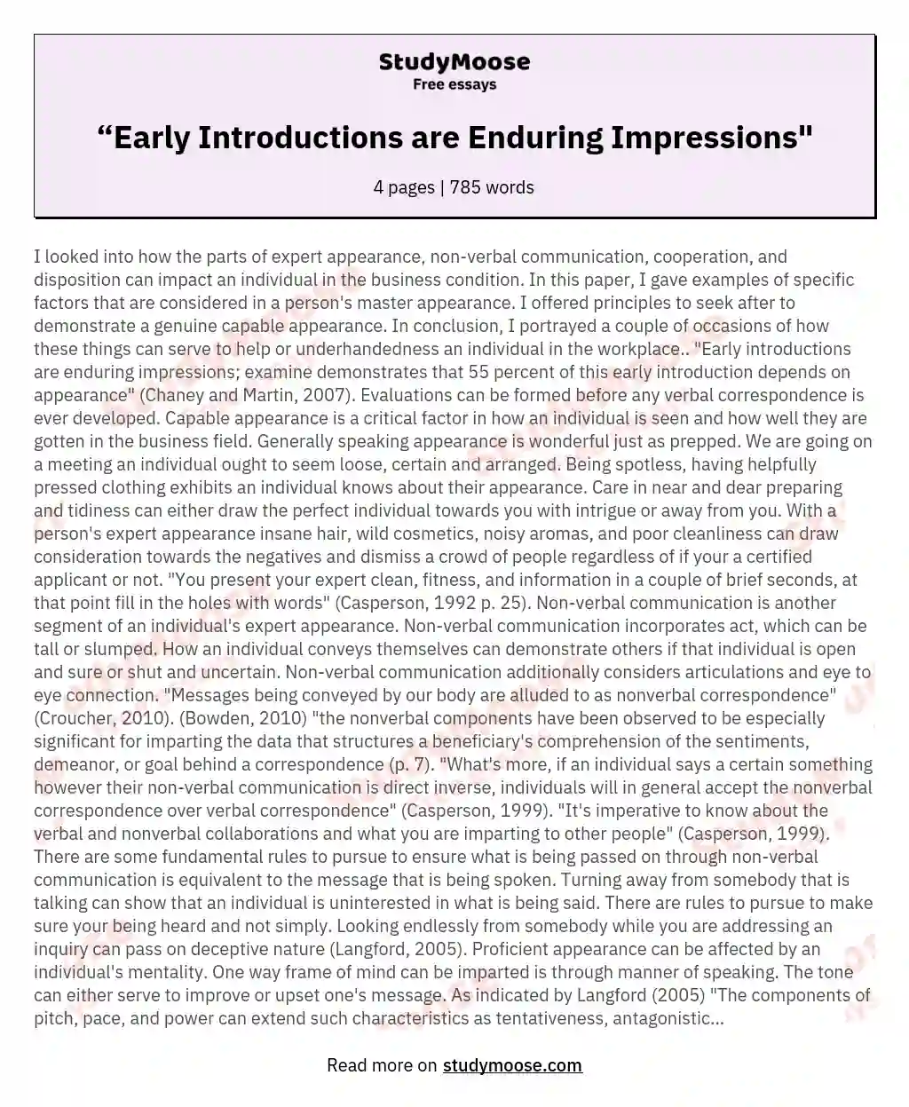 “Early Introductions are Enduring Impressions" essay