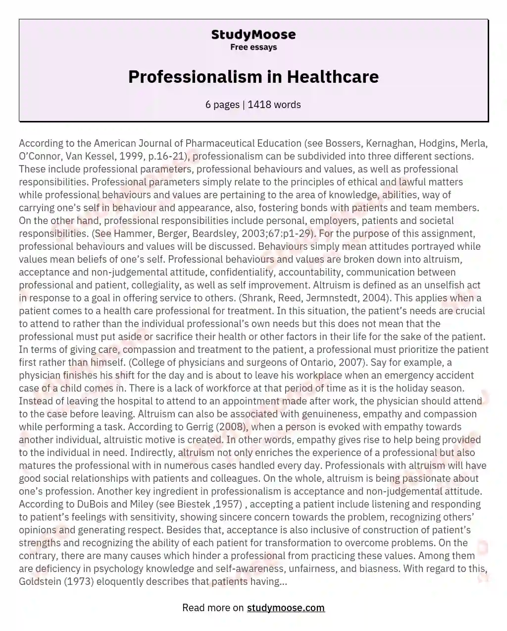 Professionalism in Healthcare essay