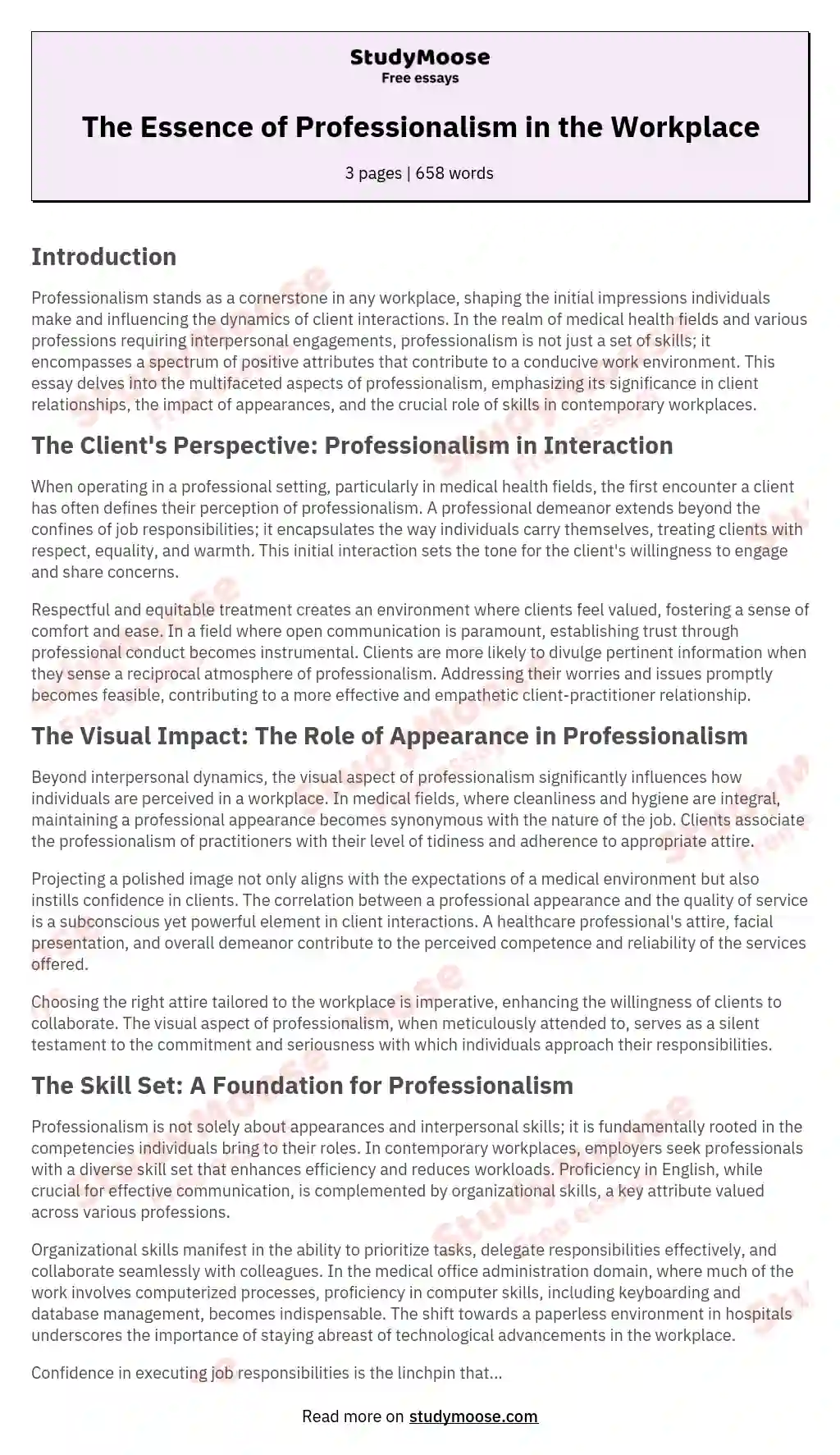 The Essence of Professionalism in the Workplace essay