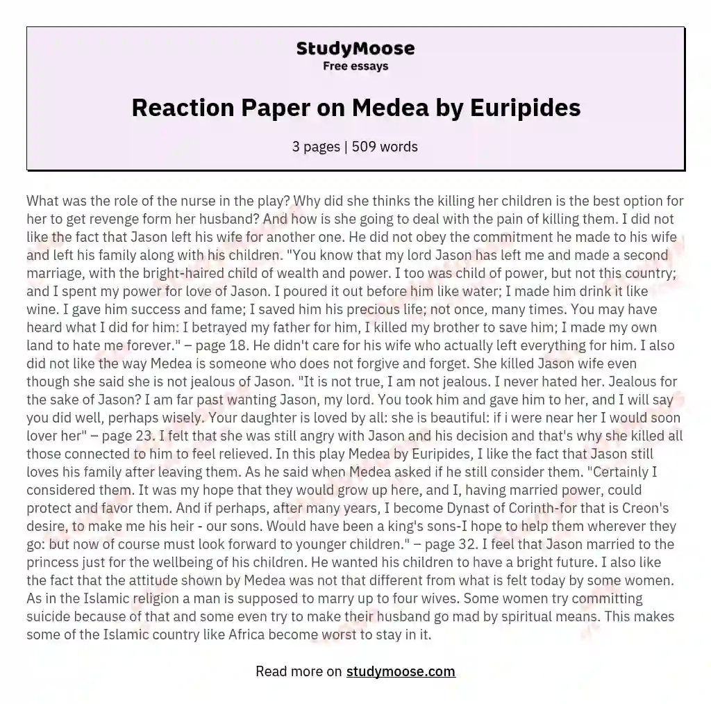 Reaction Paper on Medea by Euripides