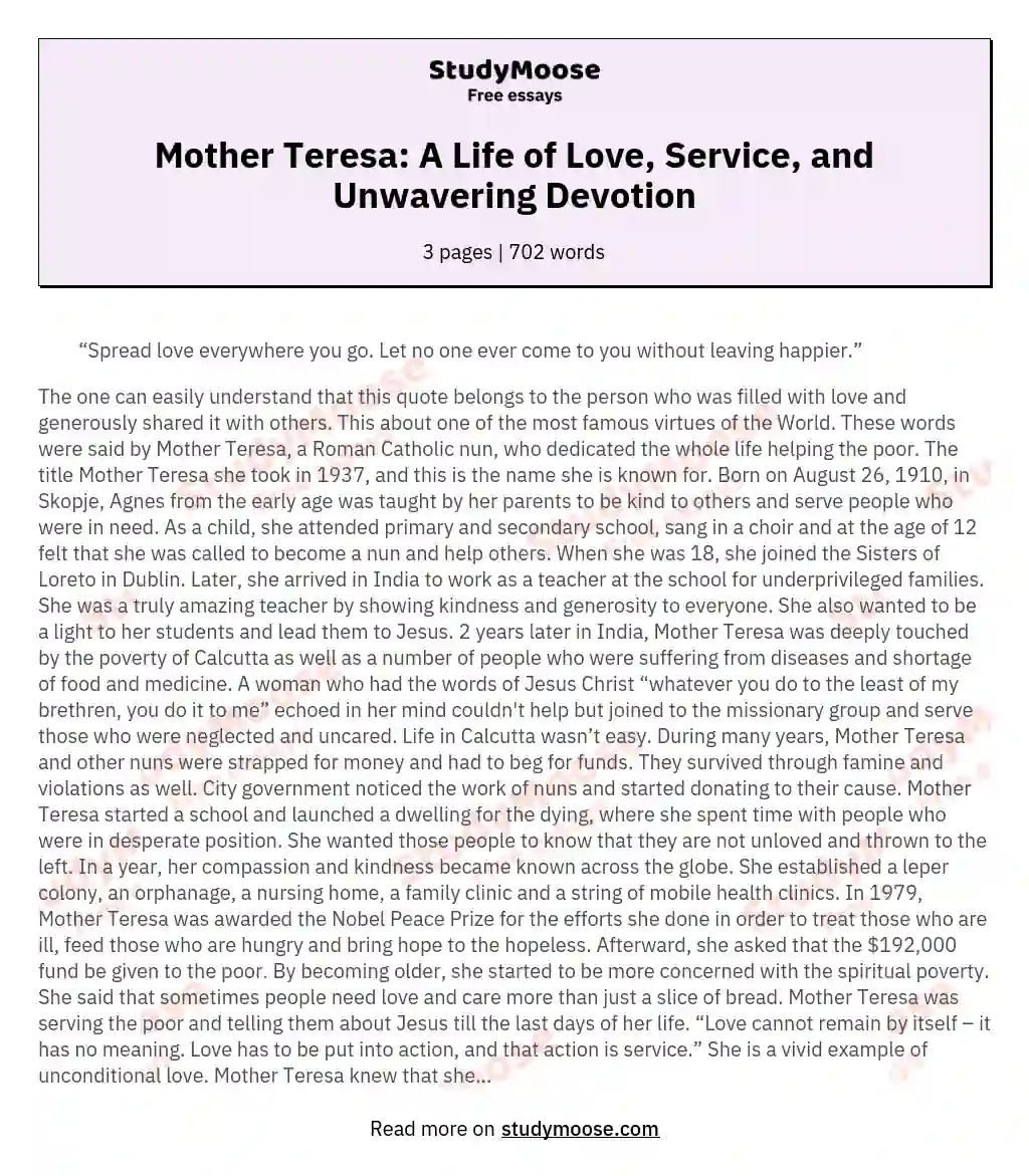 Mother Teresa: A Life of Love, Service, and Unwavering Devotion essay