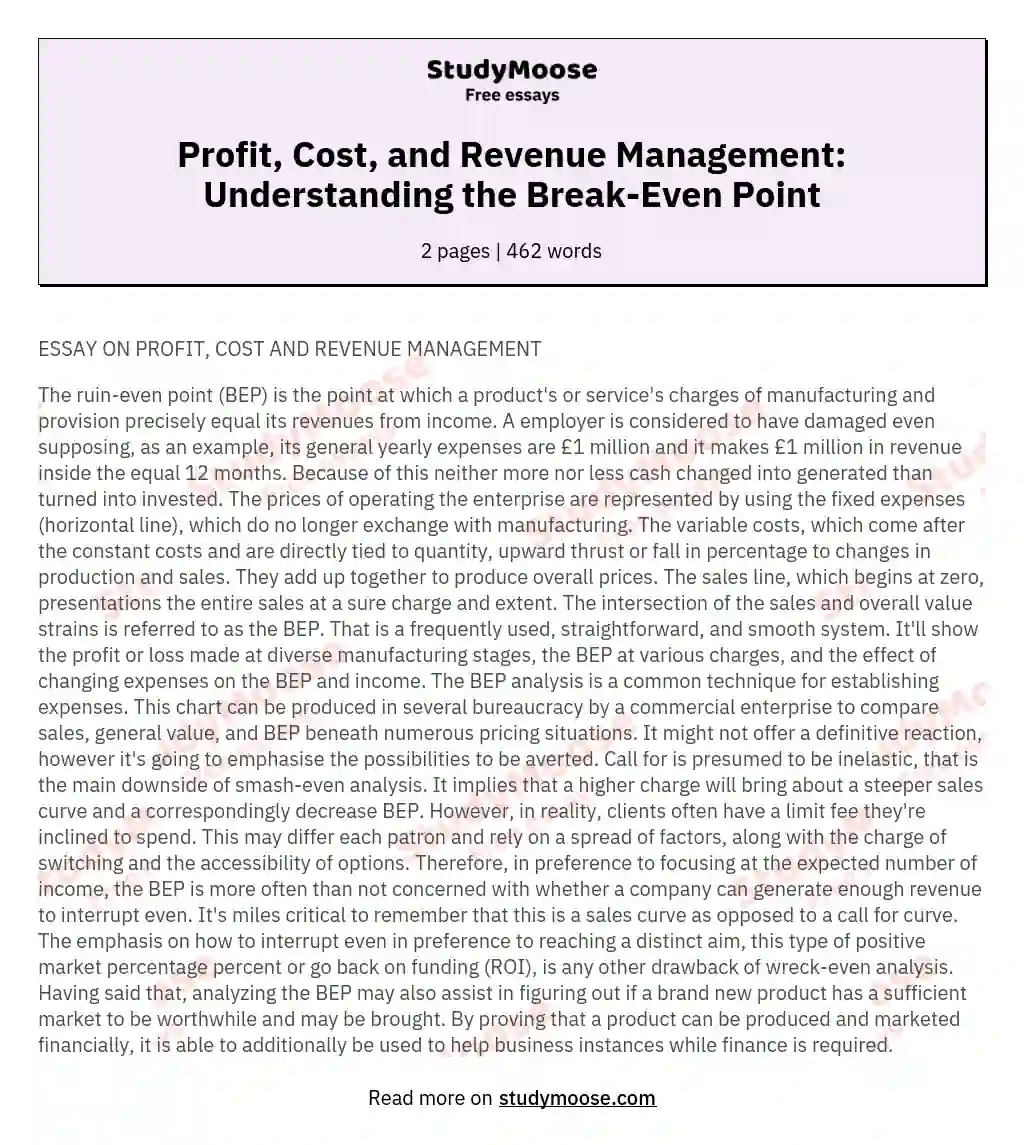 Profit, Cost, and Revenue Management: Understanding the Break-Even Point essay