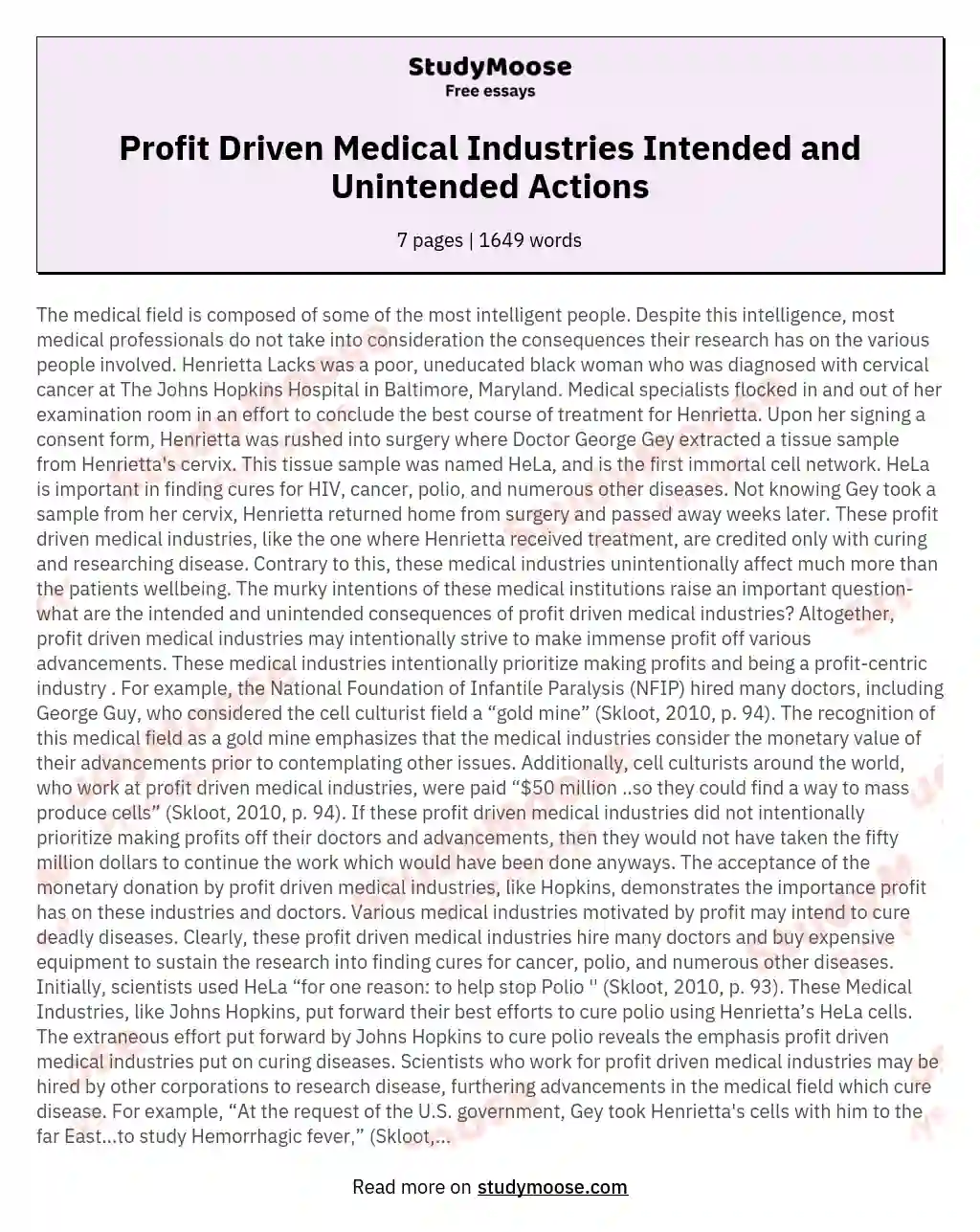 Profit Driven Medical Industries Intended and Unintended Actions essay