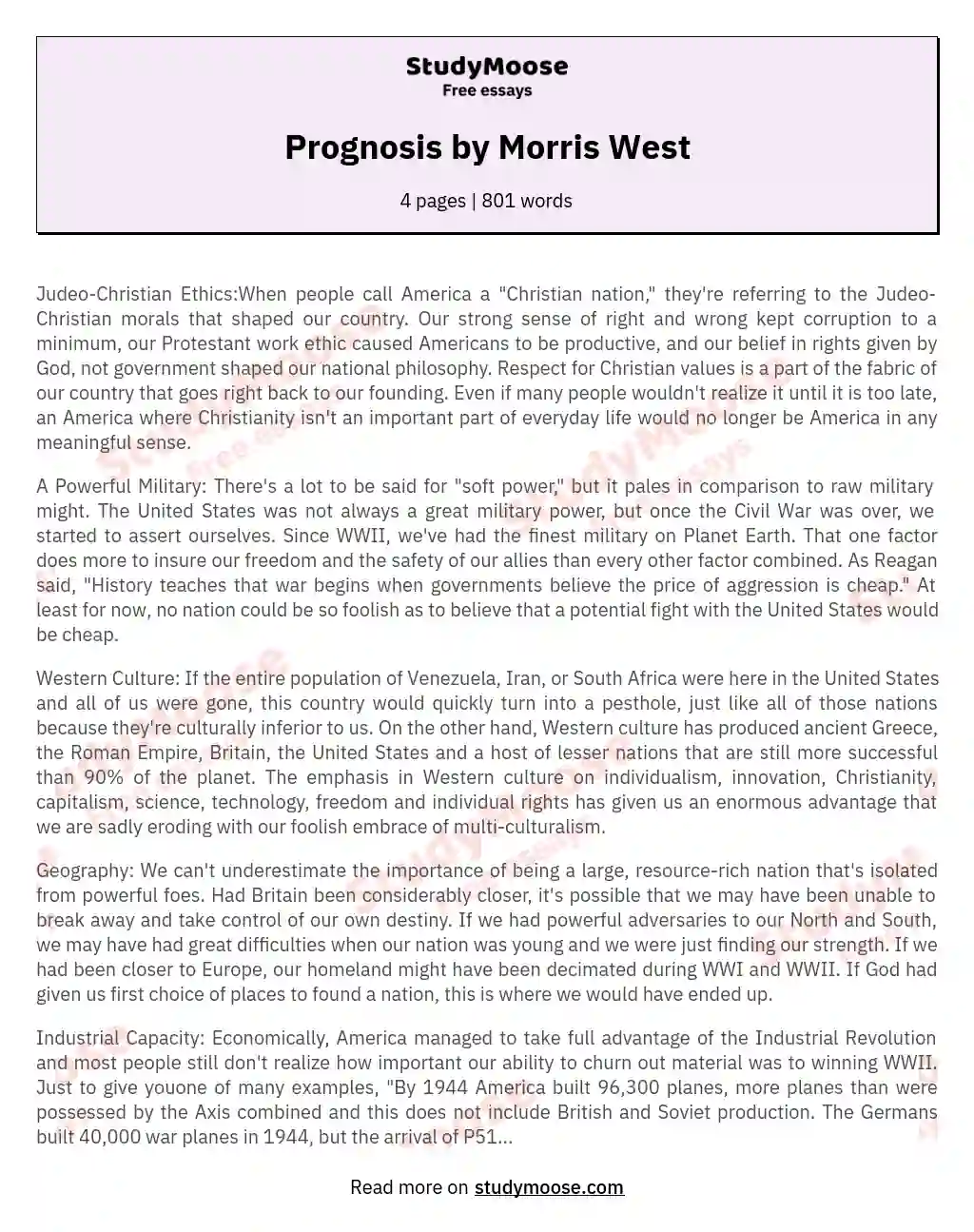 Prognosis by Morris West essay