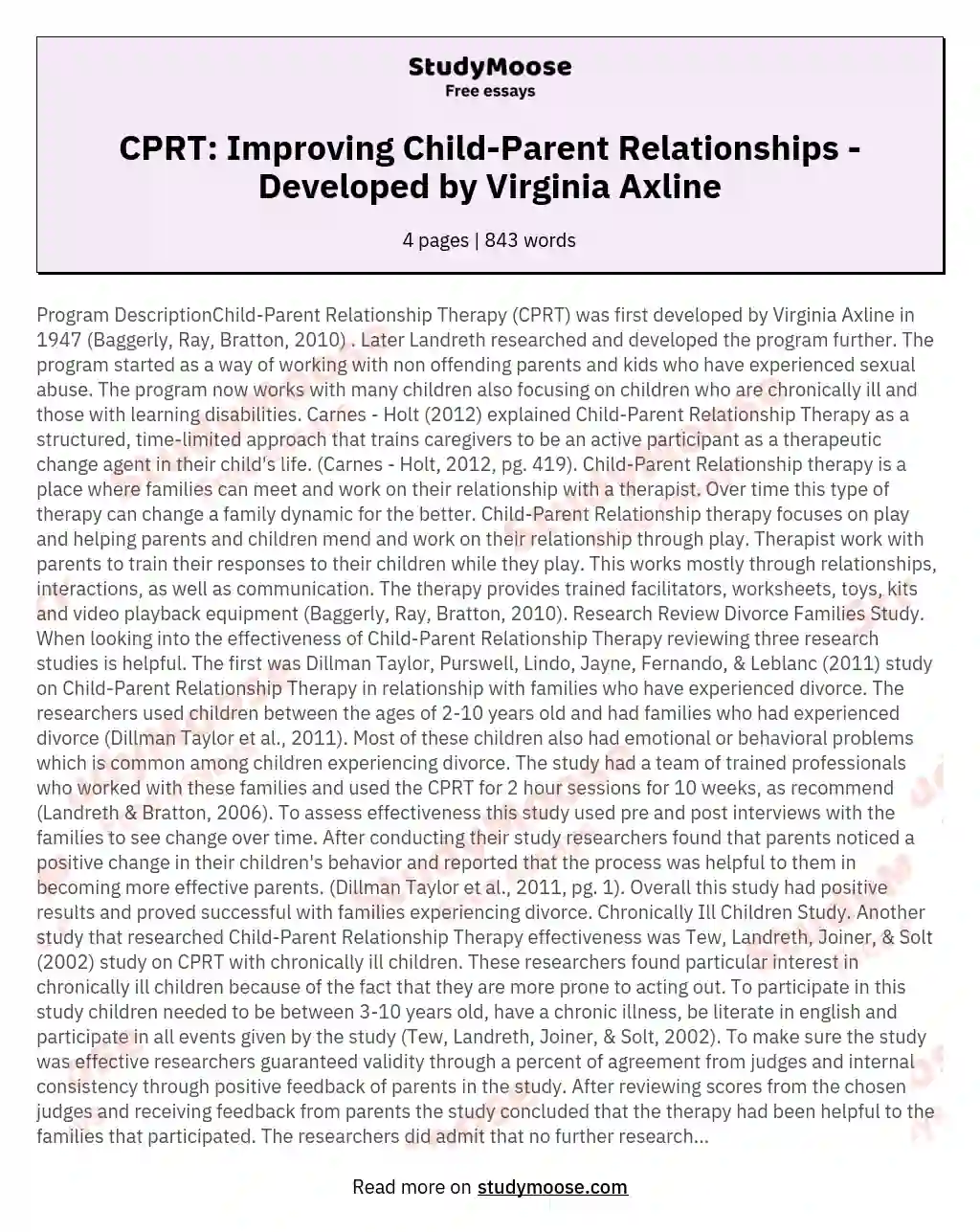 CPRT: Improving Child-Parent Relationships - Developed by Virginia Axline essay