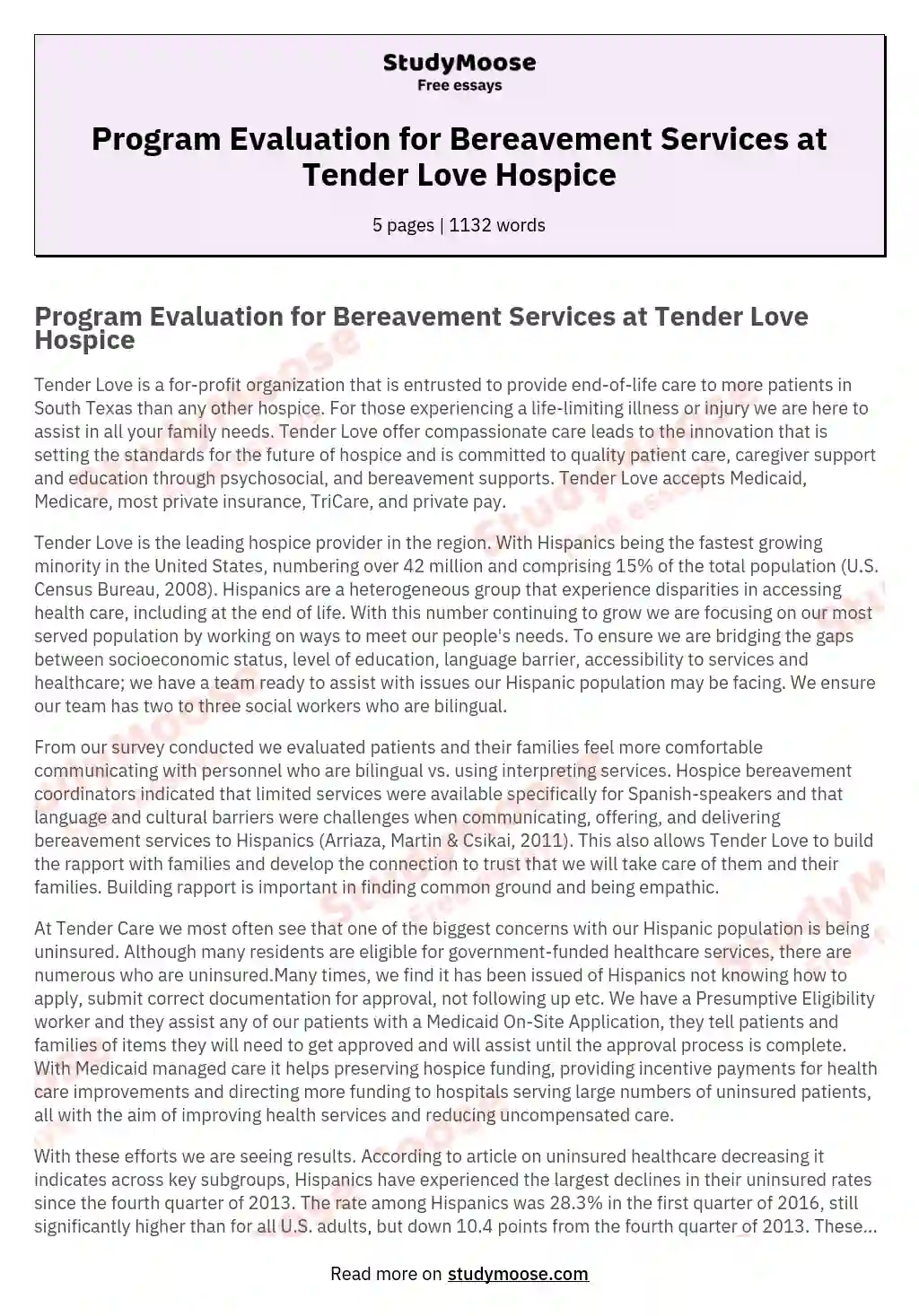 Program Evaluation for Bereavement Services at Tender Love Hospice essay
