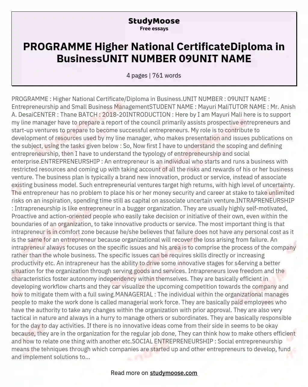 PROGRAMME Higher National CertificateDiploma in BusinessUNIT NUMBER 09UNIT NAME