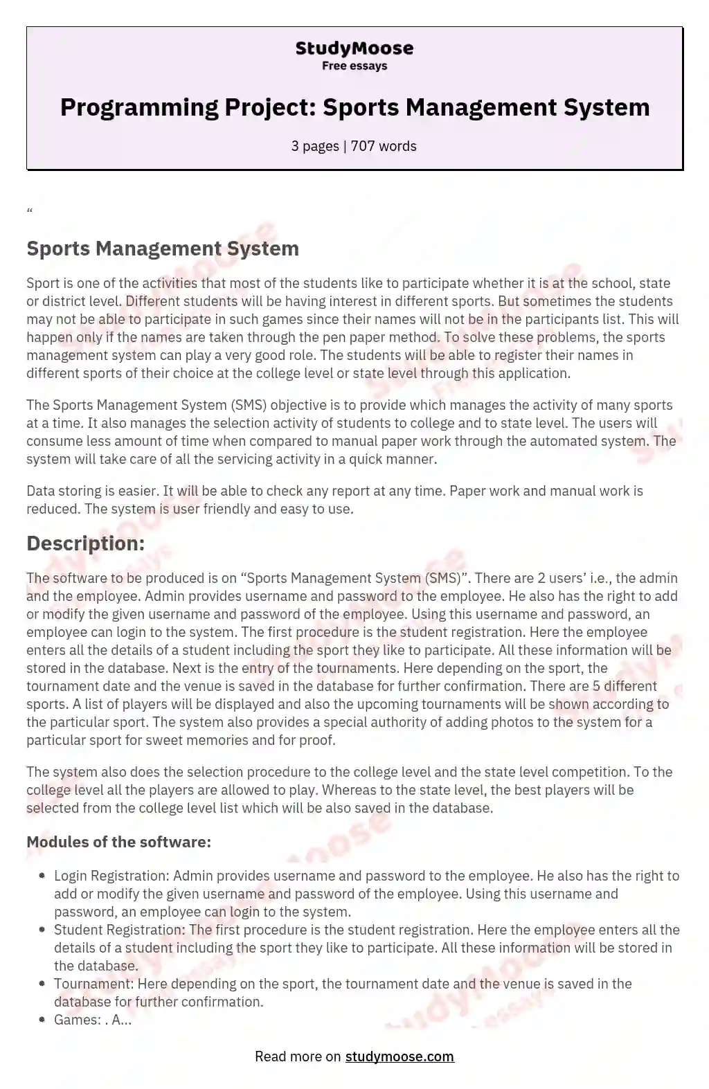 Programming Project: Sports Management System essay