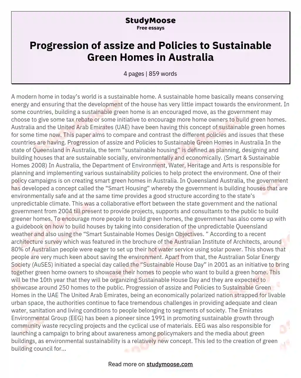 Progression of assize and Policies to Sustainable Green Homes in Australia