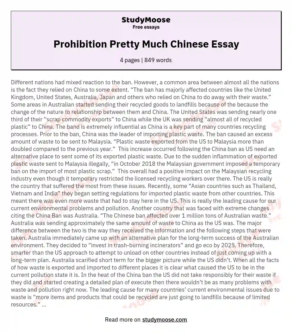 Prohibition Pretty Much Chinese Essay essay