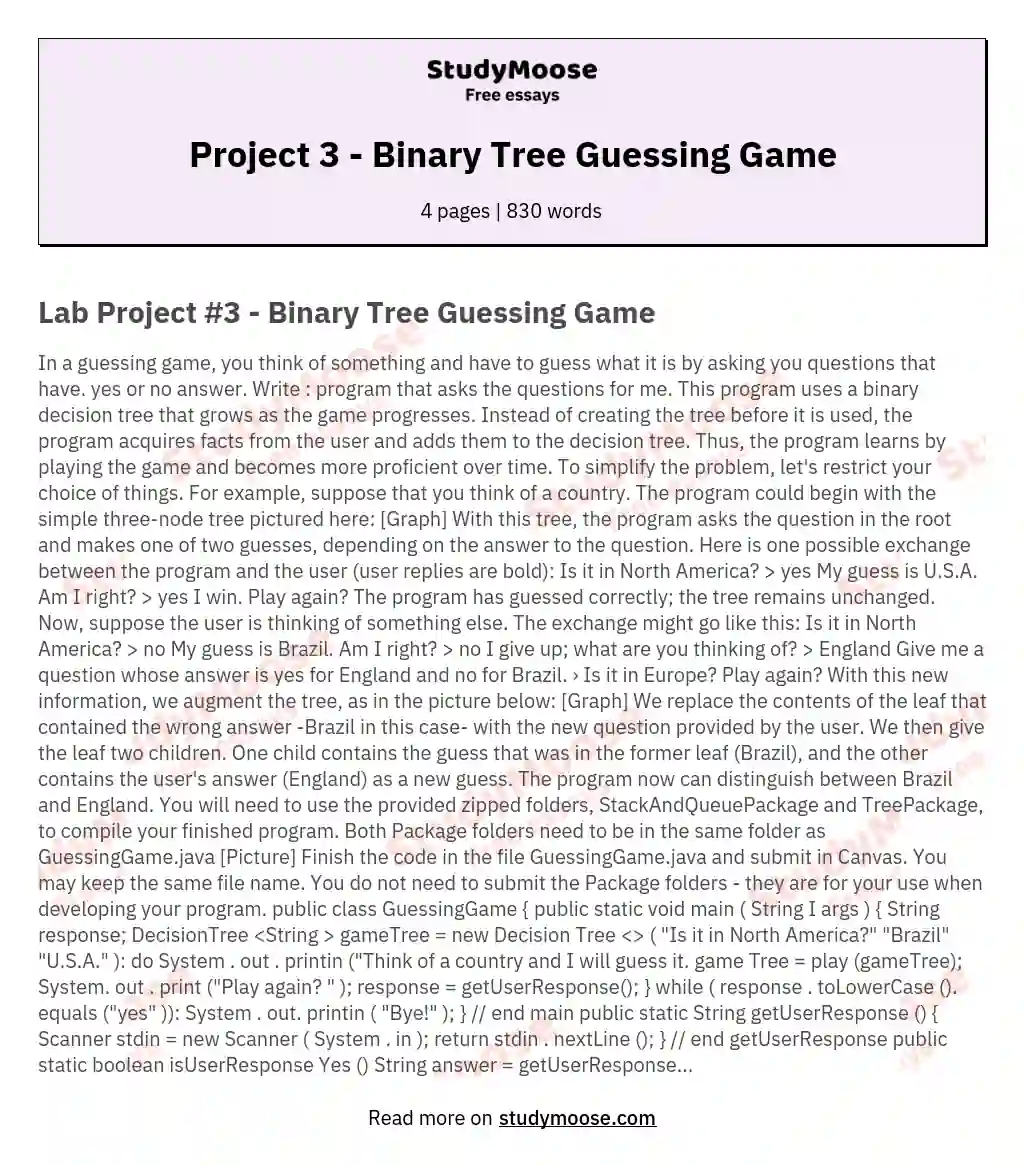 Project 3 - Binary Tree Guessing Game essay
