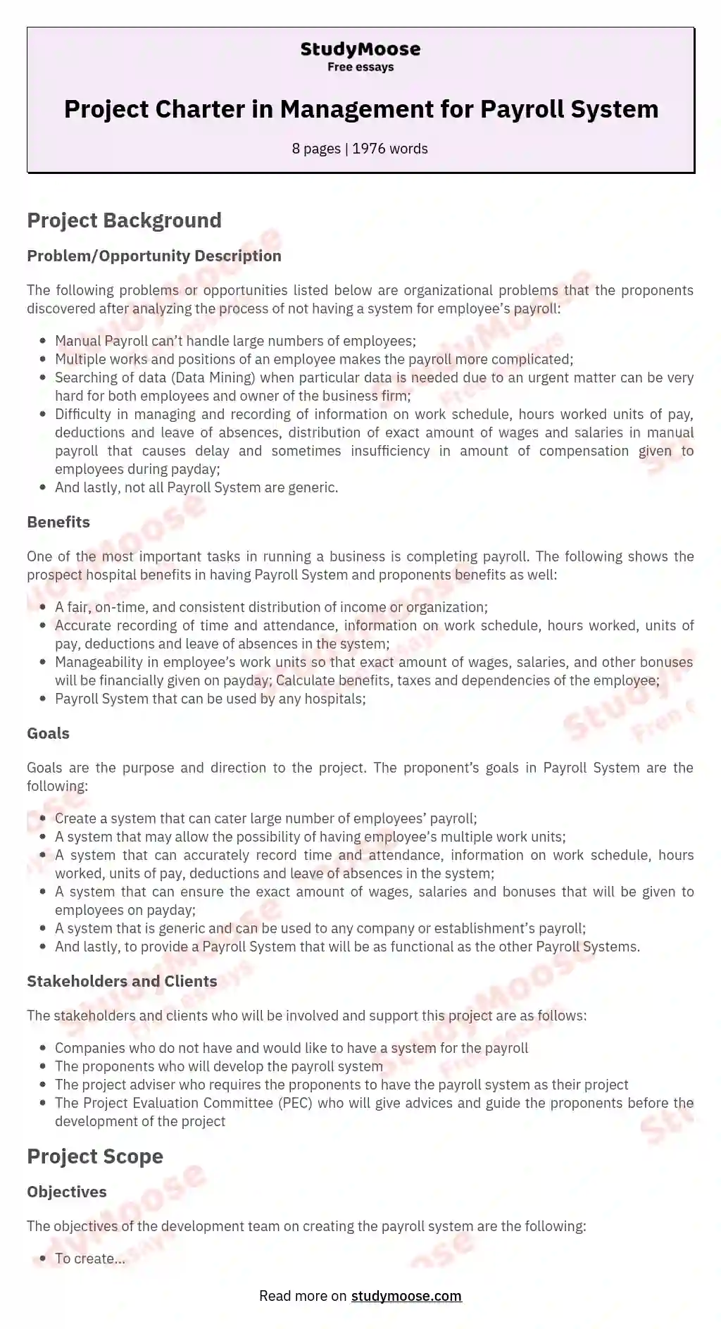 Project Charter in Management for Payroll System essay