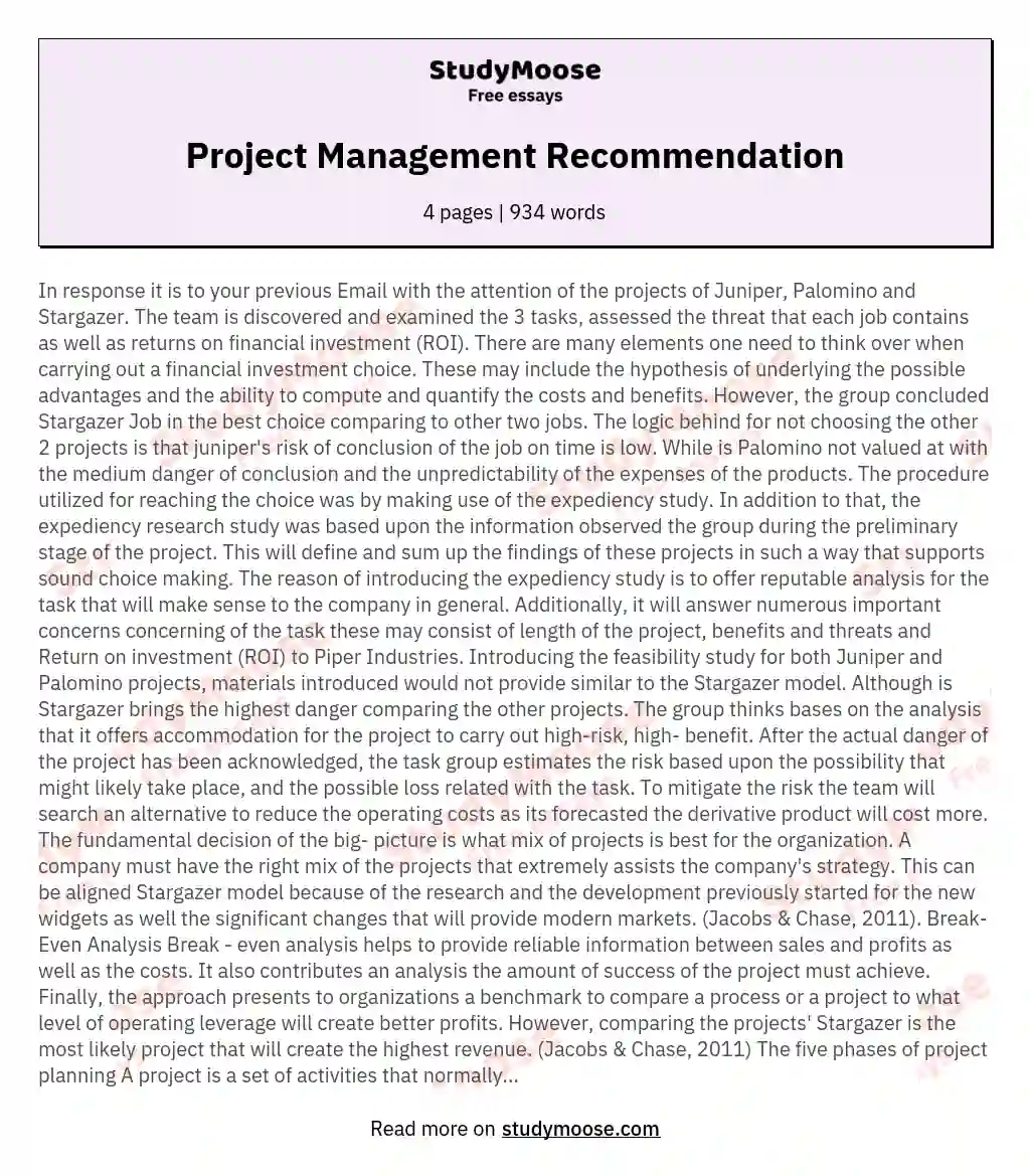 Project Management Recommendation essay