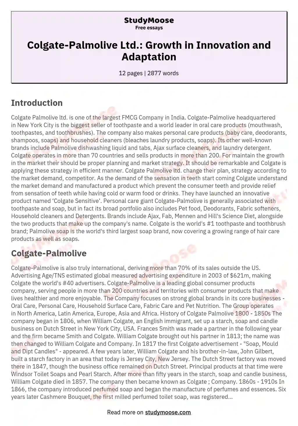 Colgate-Palmolive Ltd.: Growth in Innovation and Adaptation essay