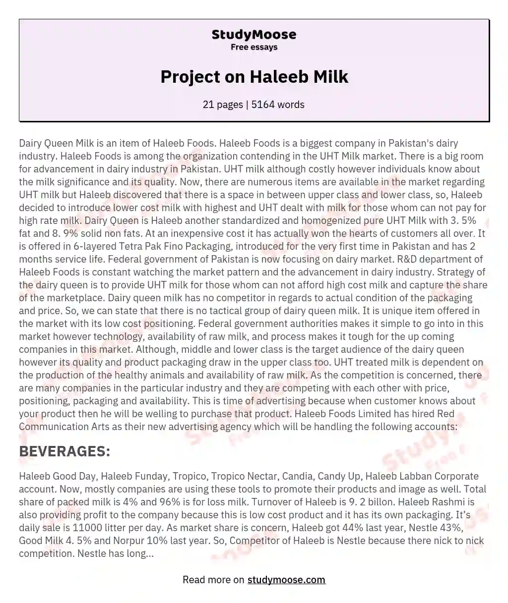 Project on Haleeb Milk essay