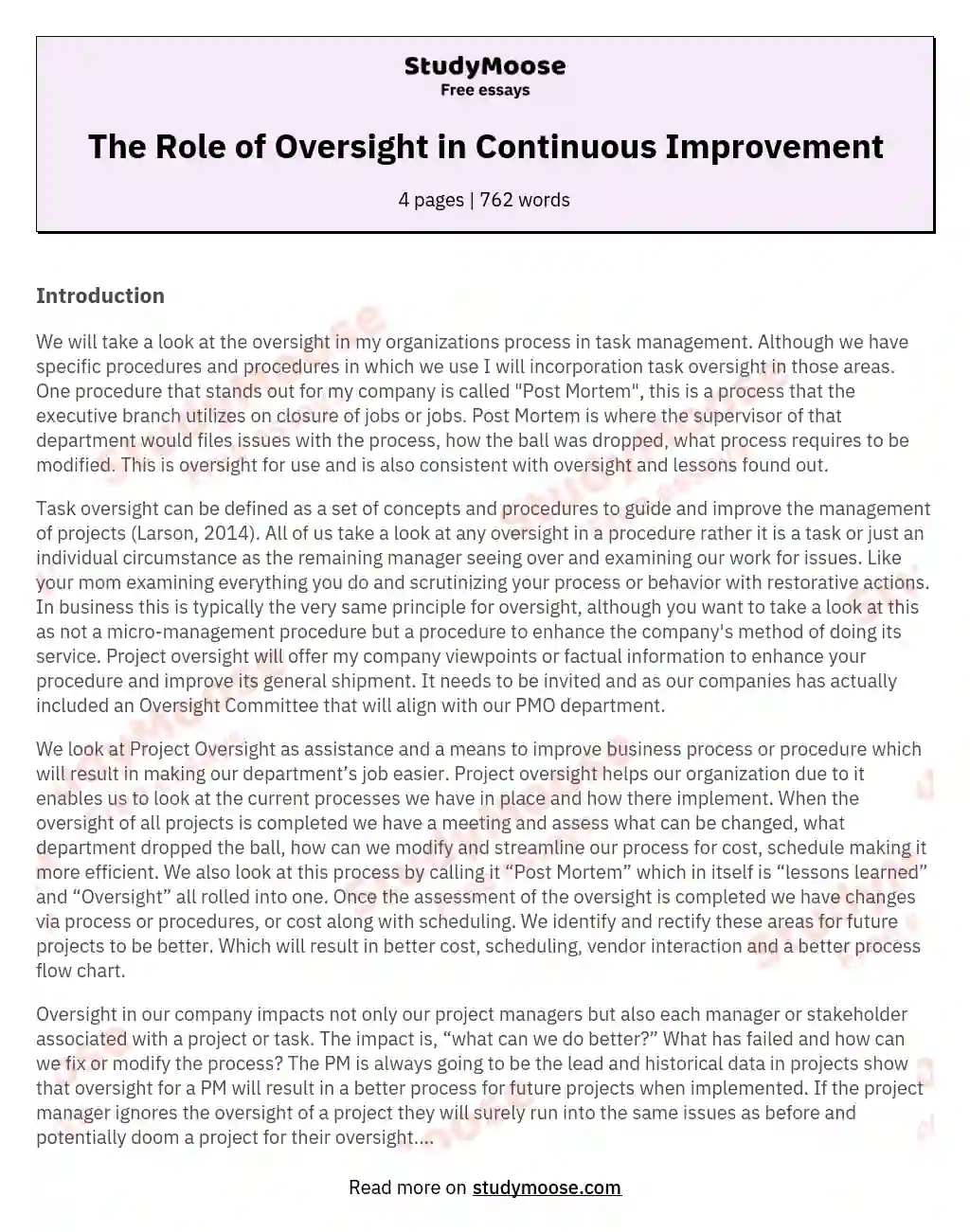 The Role of Oversight in Continuous Improvement essay