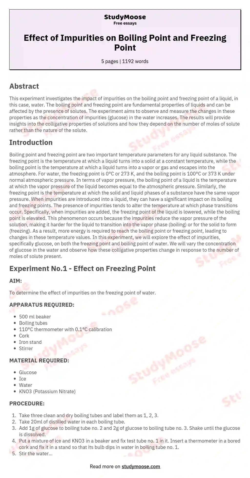 Effect of Impurities on Boiling Point and Freezing Point essay
