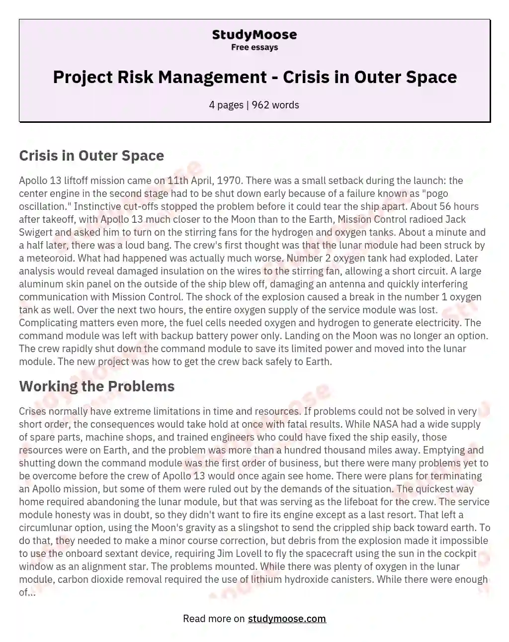 Project Risk Management - Crisis in Outer Space