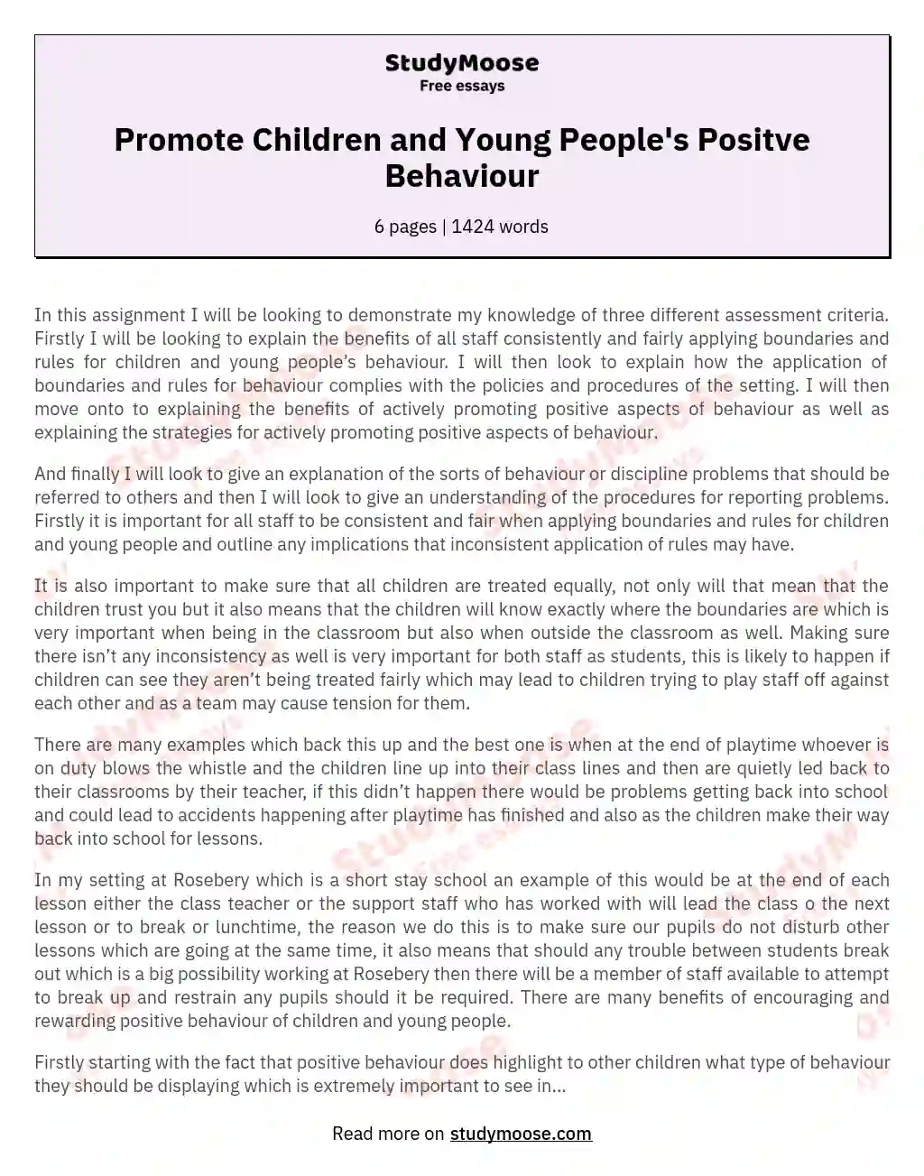 Promote Children and Young People's Positve Behaviour essay