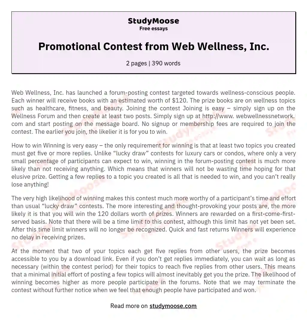 Promotional Contest from Web Wellness, Inc.