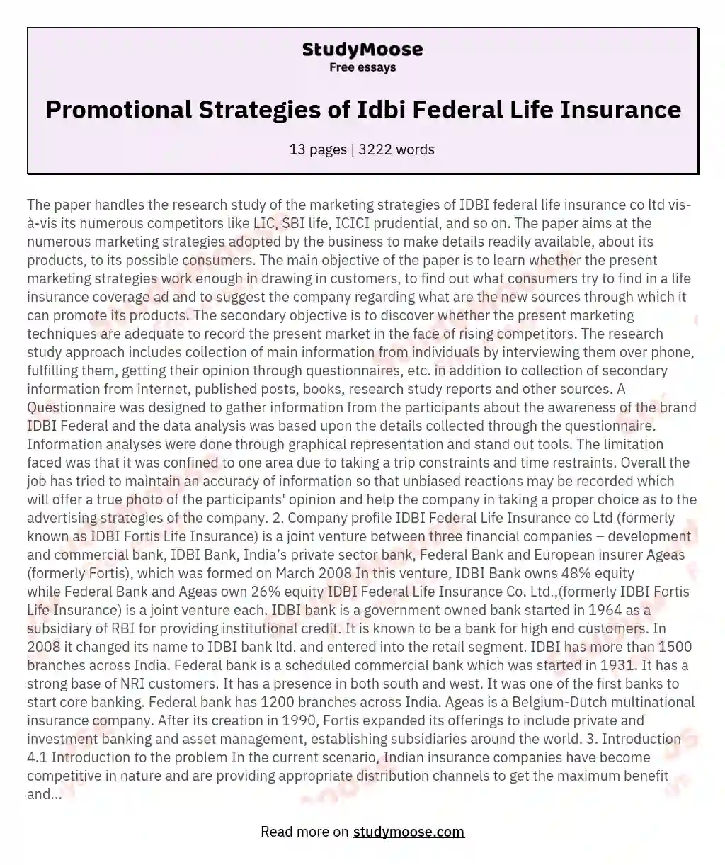 Promotional Strategies of Idbi Federal Life Insurance essay