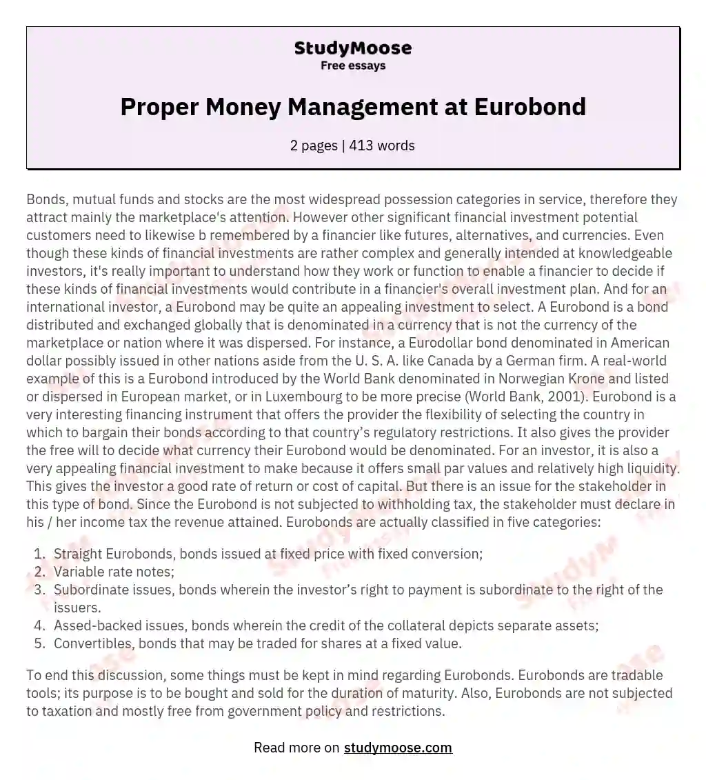 Proper Money Management at Eurobond essay