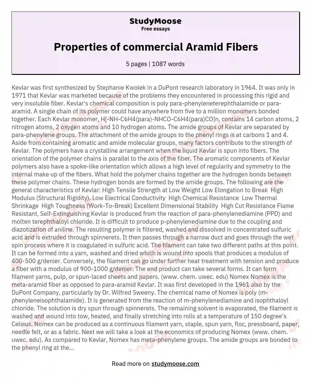 Properties of commercial Aramid Fibers essay