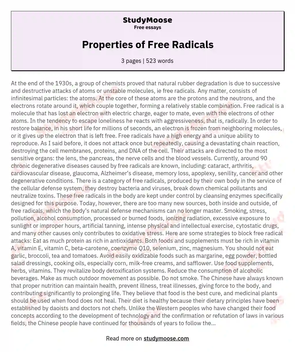 Properties of Free Radicals essay