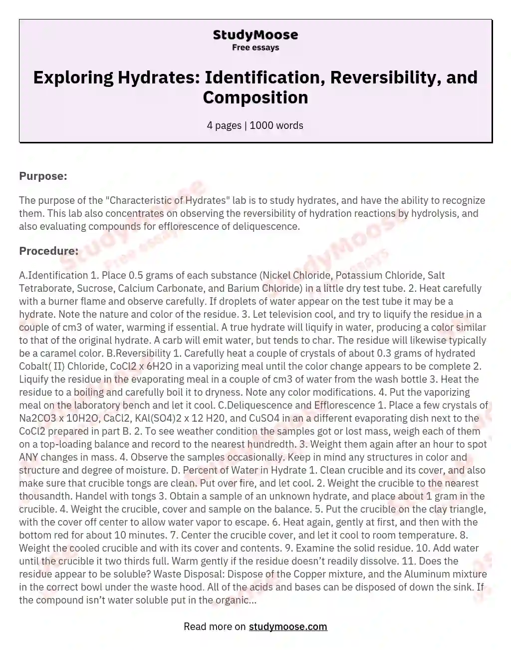 Exploring Hydrates: Identification, Reversibility, and Composition essay