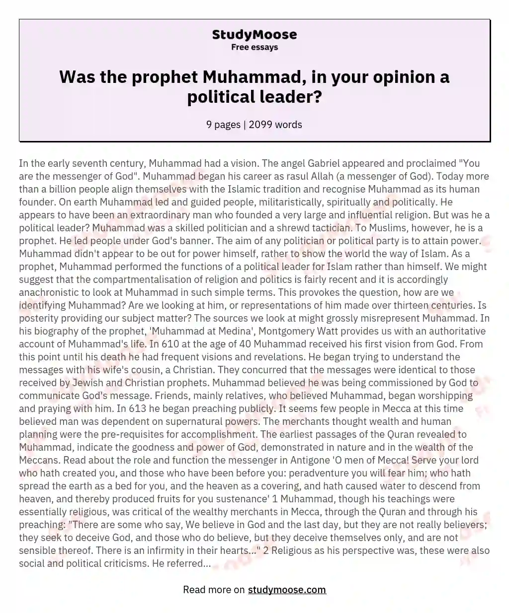 Was the prophet Muhammad, in your opinion a political leader?