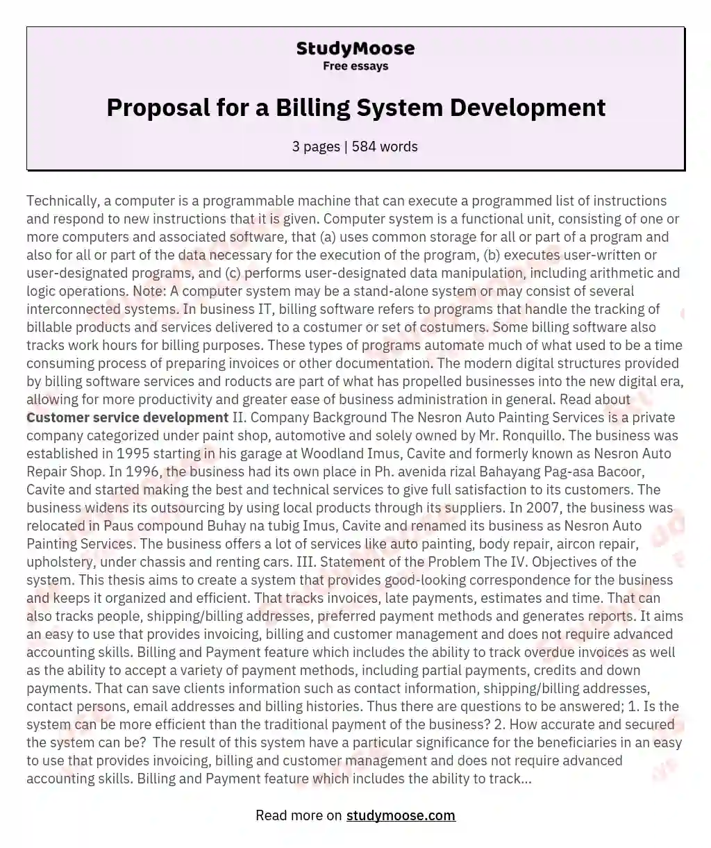 Proposal for a Billing System Development essay