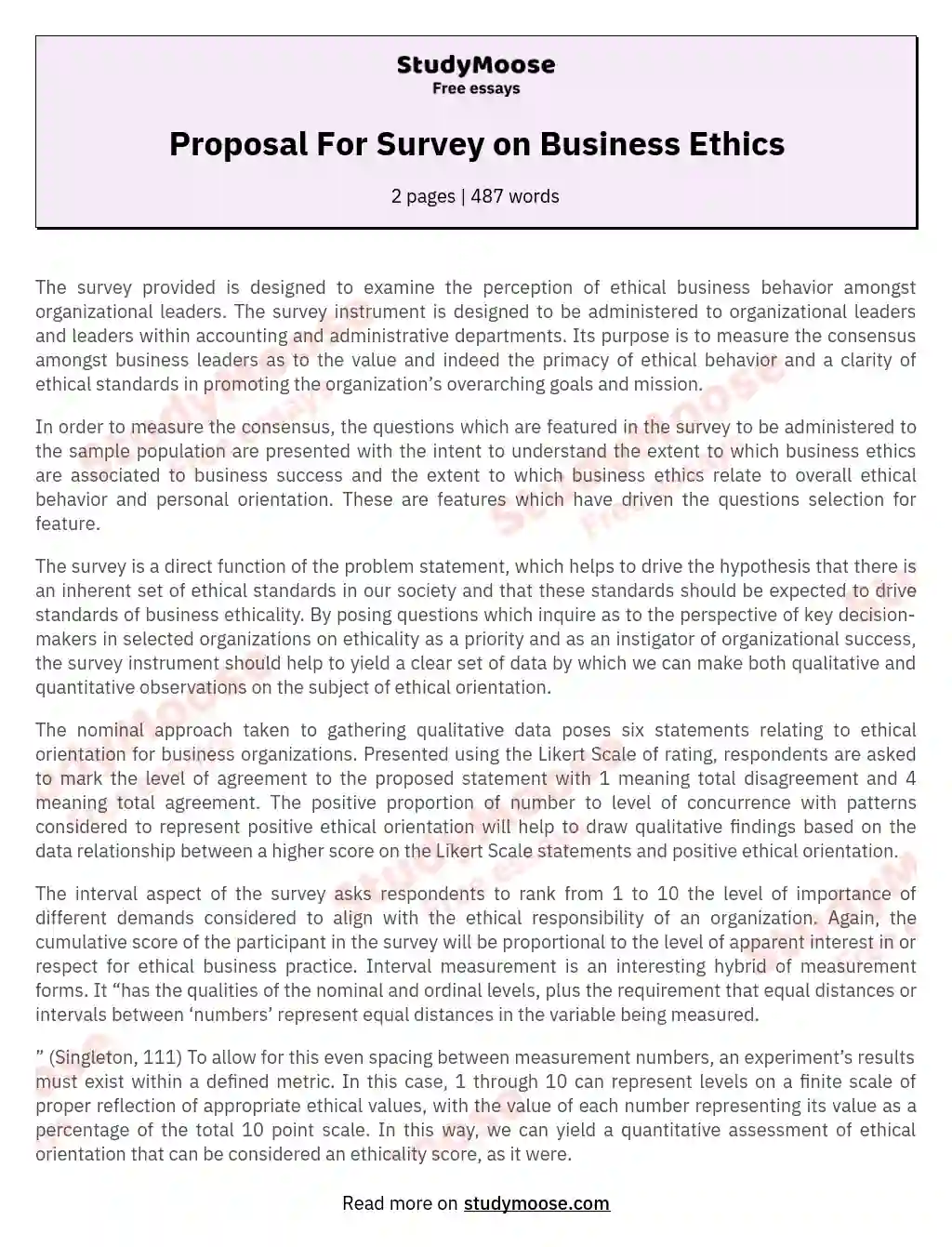 Proposal For Survey on Business Ethics essay