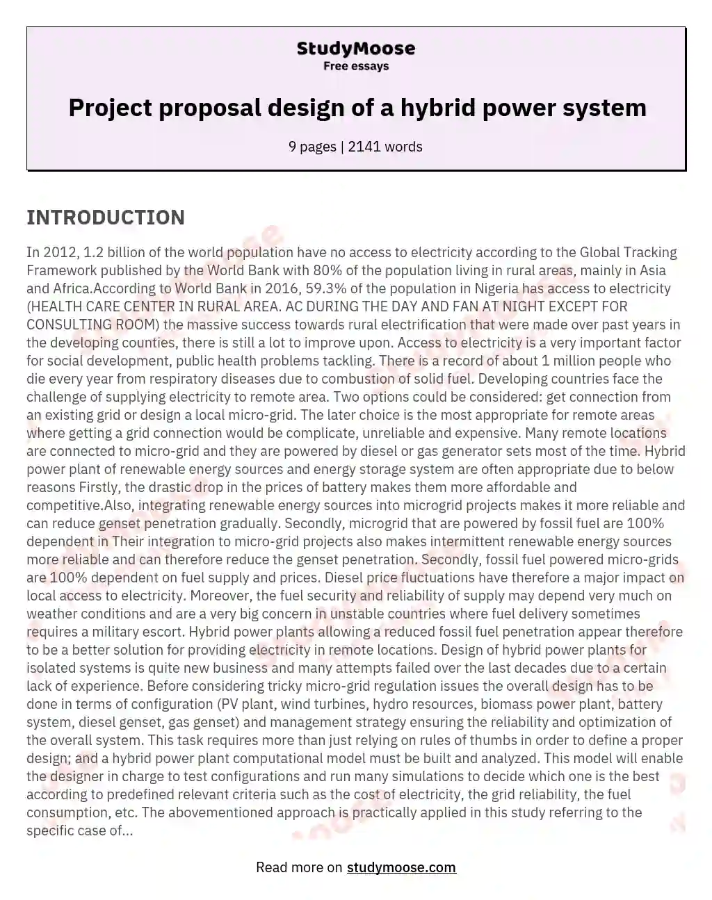 Project proposal design of a hybrid power system essay
