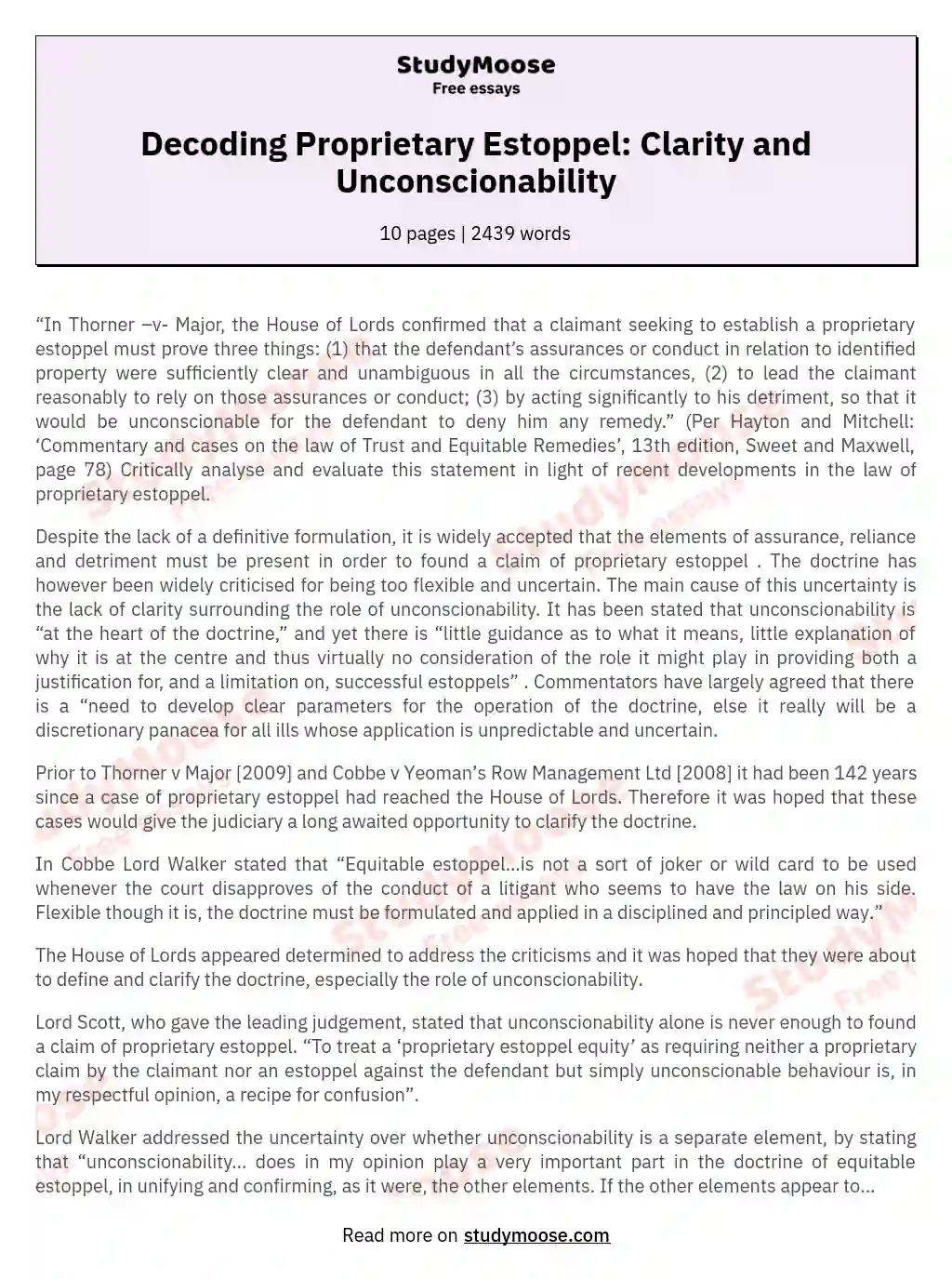 Decoding Proprietary Estoppel: Clarity and Unconscionability essay