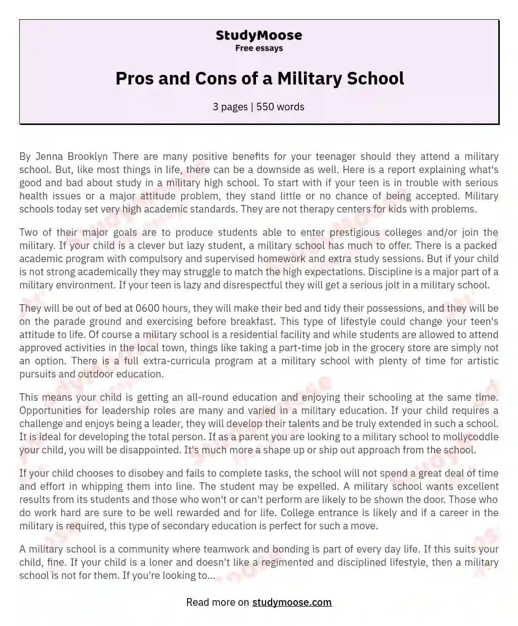 Pros and Cons of a Military School essay