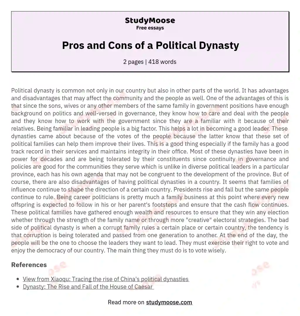 Pros and Cons of a Political Dynasty essay