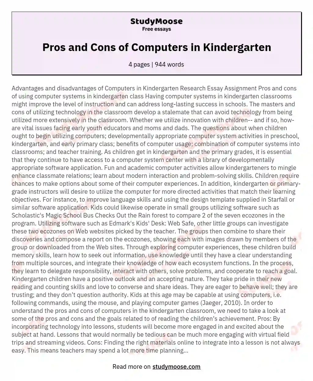 Pros and Cons of Computers in Kindergarten essay