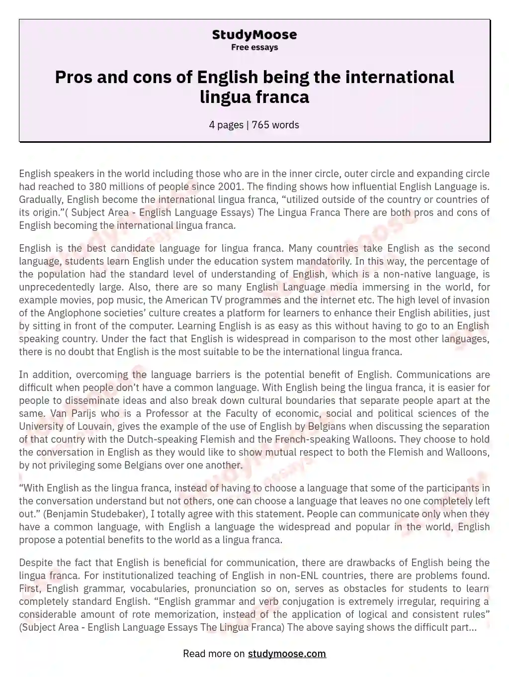 Pros and cons of English being the international lingua franca essay